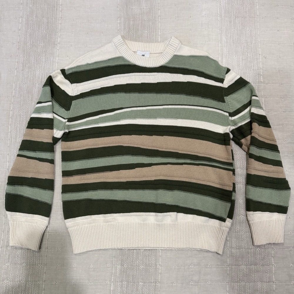 H&M Mens Cotton Sweater S Relaxed Fit Striped Knit Green Tan Cream S Jacquard